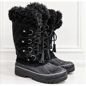 Khombu Snow Boots Womens 6 Black Suede Faux Fur Lace Up Water Resistant Outdoor